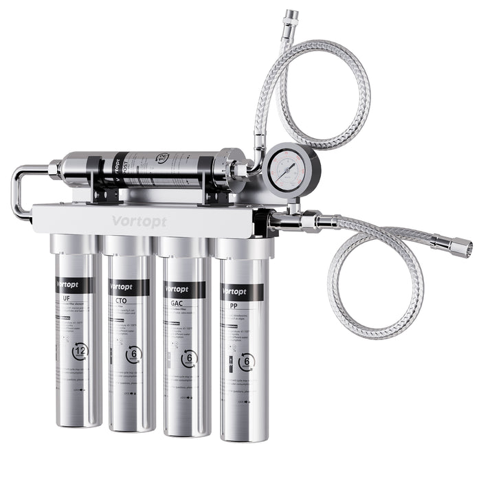 Vortopt Under Sink Water Filtration System,NSF Certified to Standards, Stainless Steel Water Filter,0.01μm Fine Filtration,Retains Beneficial Minerals,with Pressure Gauge,U2 (5 Filters)