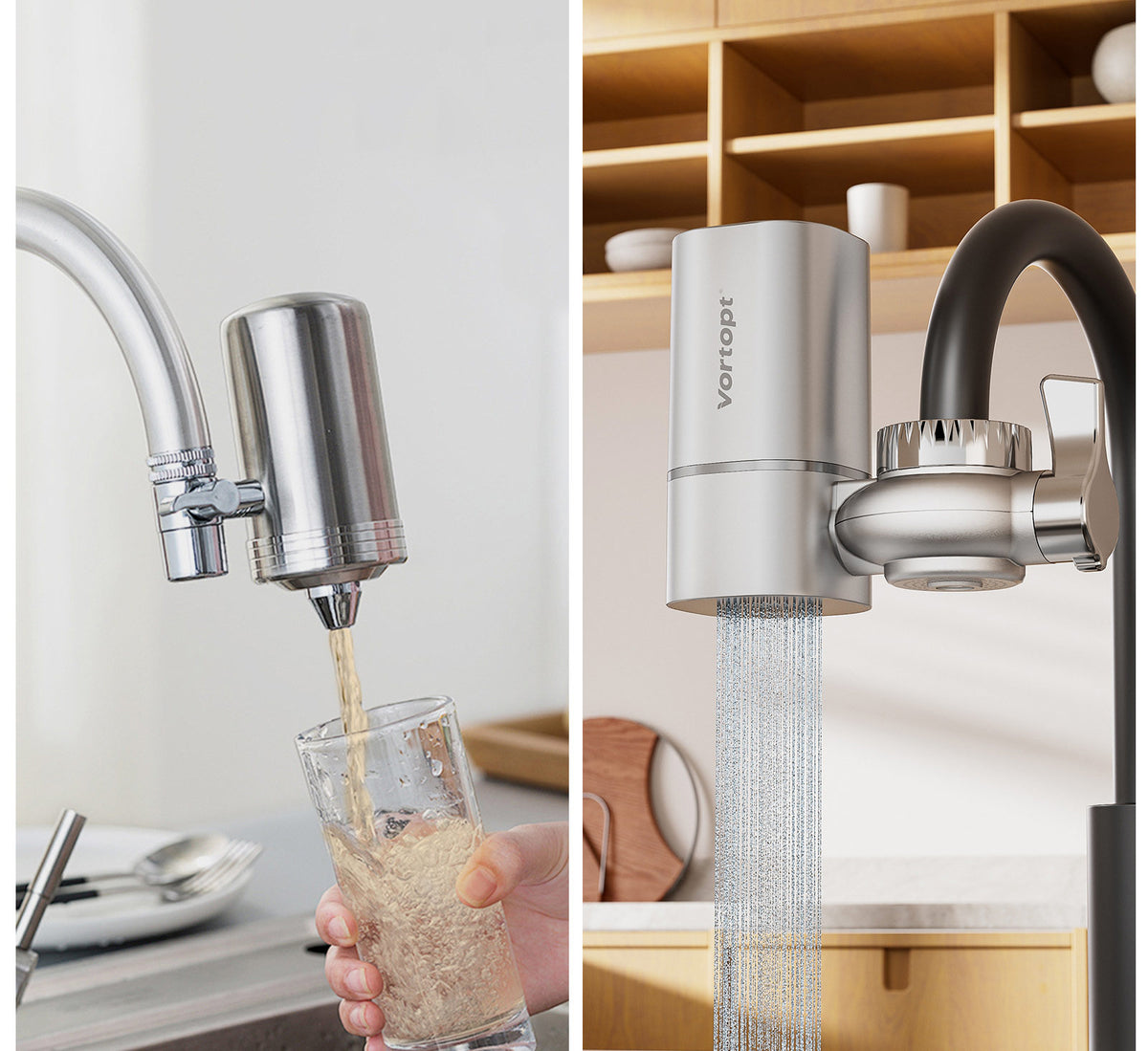 Faucet Filter, NSF Certified, 400 Gallon High Efficiency Water Purification System, Fast 99% Chlorine & Odor Removal, Modern Simple Silver with 1 Water Filter（T1-Silver）