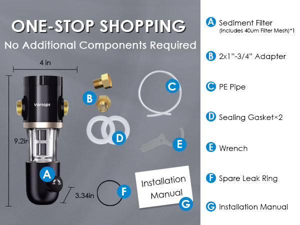 Q60 Sediment Filter for Well Water, Whole House Water Filter for Well Water, 40μm Reusable & Flushable Prefilter, Vortopt - Vortopt