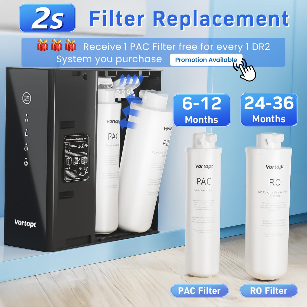 DR2-Black-1000GPD Under Sink Water Purifier 3:1 Pure to Drain, Tankless RO Water Filter System, 0.0001um Purification for Drinking, Reduces TDS, Smart Faucet, Vortopt - Vortopt