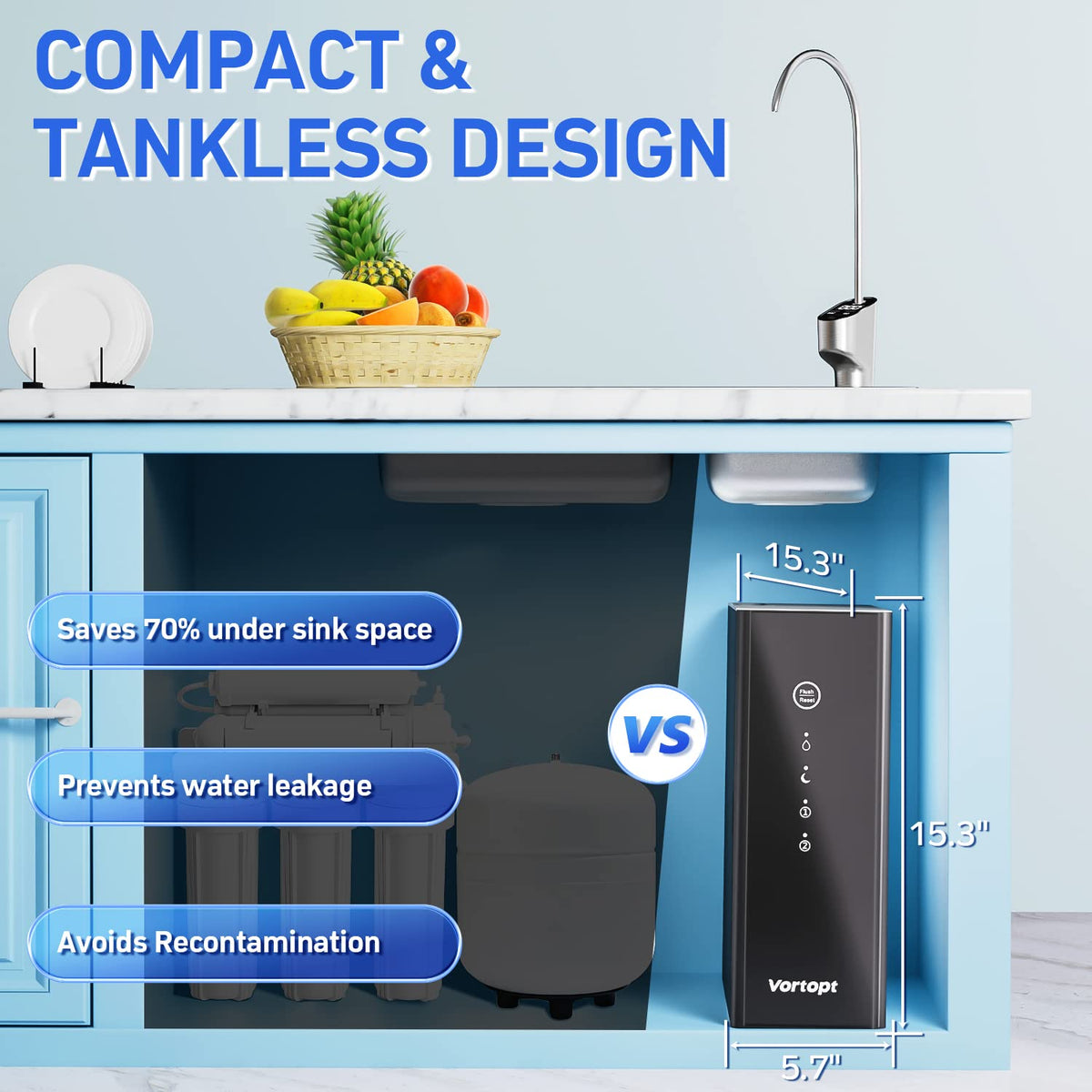 DR2-Black-1000GPD Under Sink Water Purifier 3:1 Pure to Drain, Tankless RO Water Filter System, 0.0001um Purification for Drinking, Reduces TDS, Smart Faucet, Vortopt - Vortopt